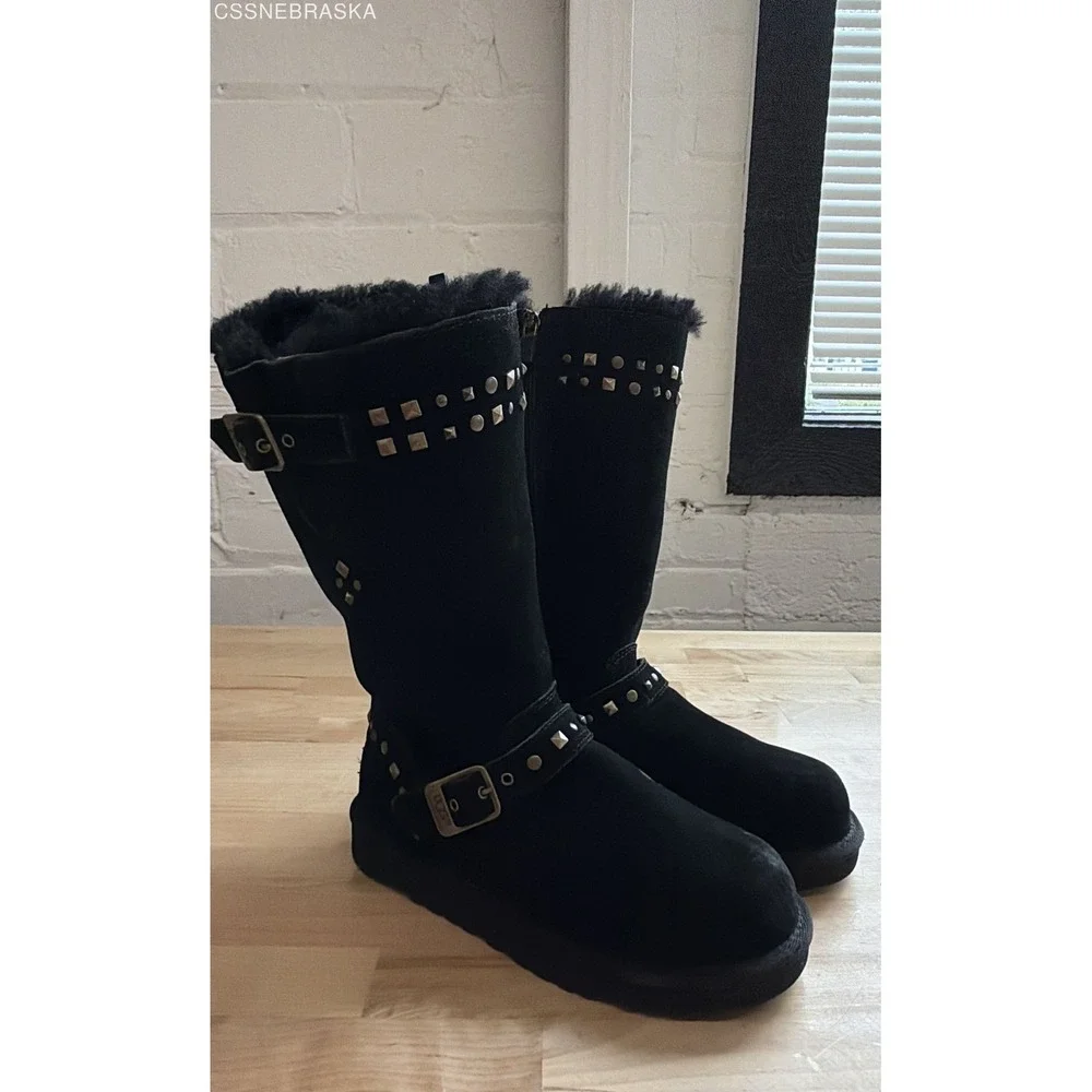 UGG Black Girls Boots Suede Clovis Studded Buckle Shearling Moto 1004952K Size 3